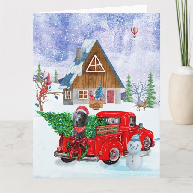 Weimaraner Dog In Christmas Delivery Truck Snow  Card (Front)