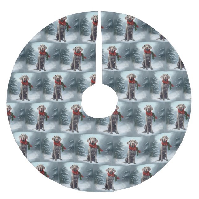 Weimaraner Dog in Snow Christmas Brushed Polyester Tree Skirt (Front)