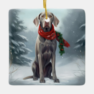 Weimaraner Dog in Snow Christmas Ceramic Ornament