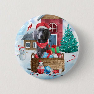 Weimaraner Dog In snow Christmas Dog House 6 Cm Round Badge