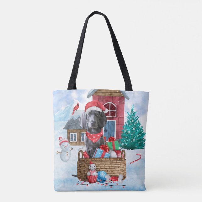 Weimaraner Dog In snow Christmas Dog House Tote Bag (Back)