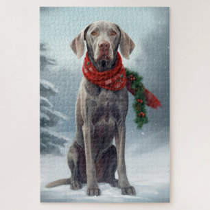 Weimaraner Dog in Snow Christmas Jigsaw Puzzle
