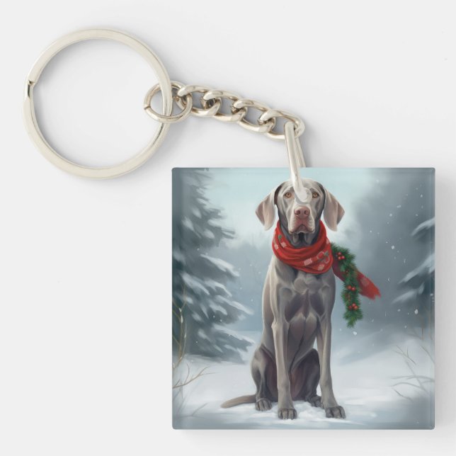 Weimaraner Dog in Snow Christmas Key Ring (Front)