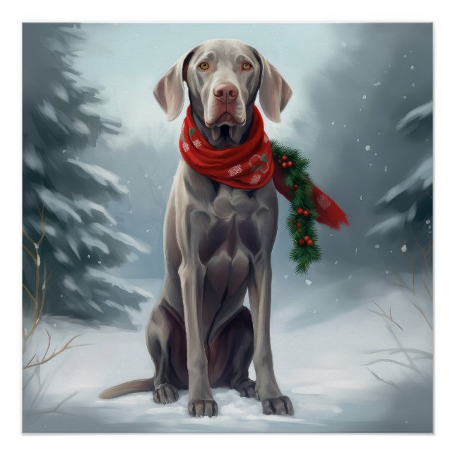 Weimaraner Dog in Snow Christmas Poster (Front)
