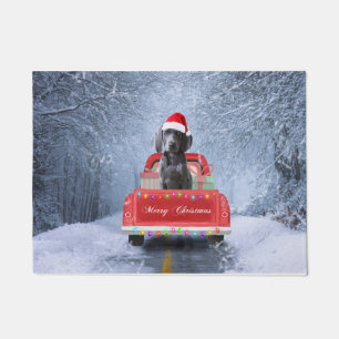Weimaraner Dog in Snow sitting in Christmas Truck Doormat