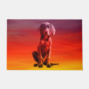 Weimaraner Dog Sitting On Beach Doormat