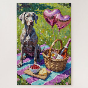 Weimaraner Dog Valentine's Day Rosé Picnic Jigsaw Puzzle