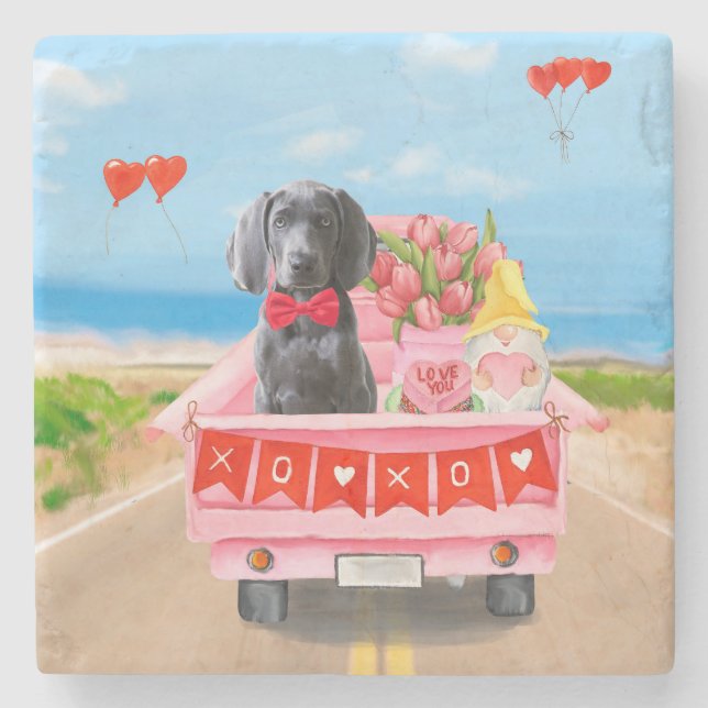 Weimaraner Dog Valentine's Day Truck Hearts Stone Coaster (Front)