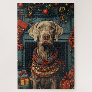 Weimaraner Dog With Christmas Gifts Fireplace  Jigsaw Puzzle