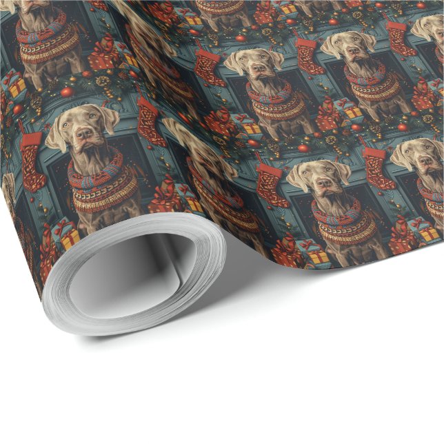 Weimaraner Dog With Christmas Gifts Fireplace  Wrapping Paper (Roll Corner)