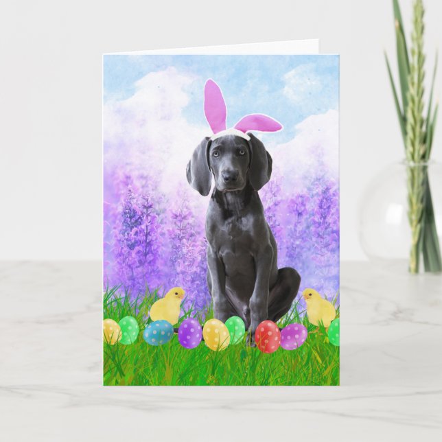 Weimaraner Dog with Easter Eggs Bunny Chicks Holiday Card (Front)