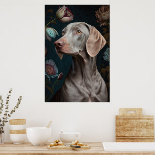 Weimaraner Dog with Flowers   Elegant Pet Portrait Poster