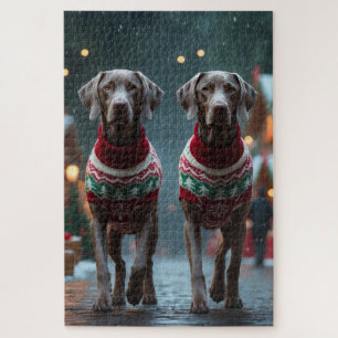 Weimaraner Dogs Christmas Snow Holiday Jigsaw Puzzle