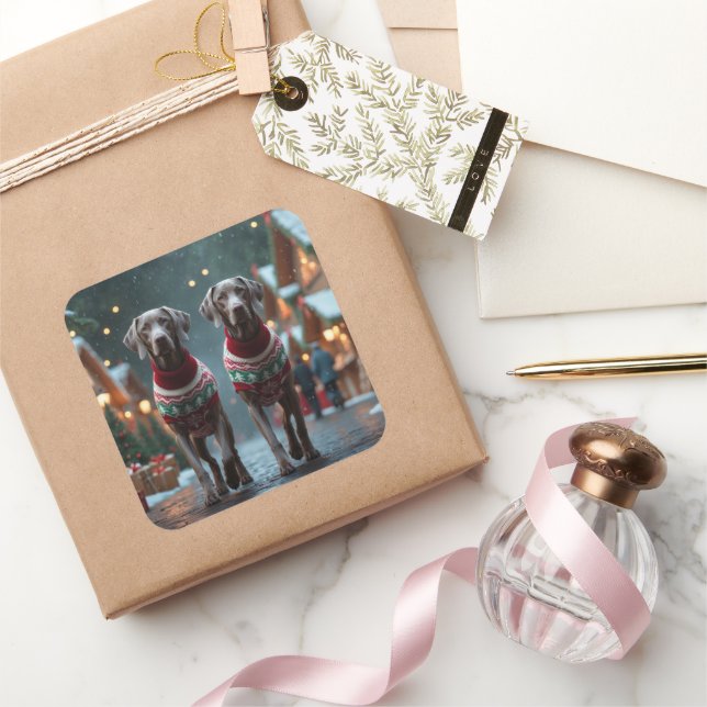 Weimaraner Dogs Christmas Snow Holiday Square Sticker (Gifting)