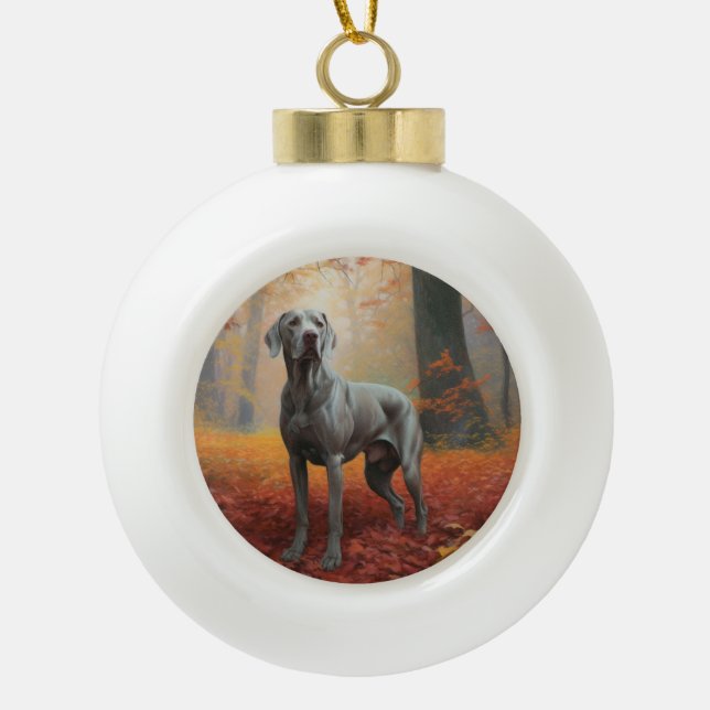 Weimaraner in Autumn Leaves Fall Inspire  Ceramic Ball Christmas Ornament (Front)