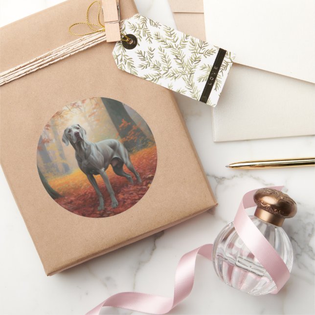 Weimaraner in Autumn Leaves Fall Inspire  Classic Round Sticker (Gifting)