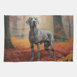 Weimaraner in Autumn Leaves Fall Inspire  Tea Towel