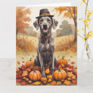 Weimaraner In Autumn Leaves Thanksgiving Art Card