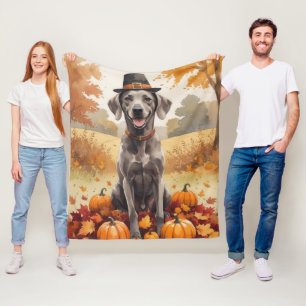 Weimaraner In Autumn Leaves Thanksgiving Art  Fleece Blanket