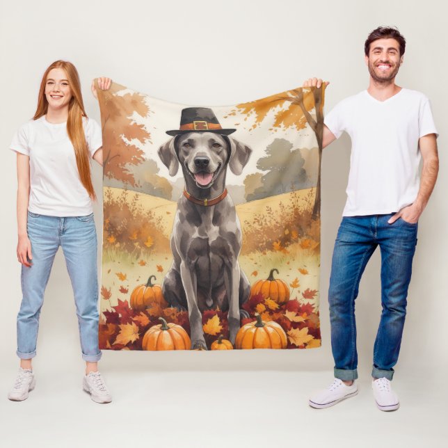 Weimaraner In Autumn Leaves Thanksgiving Art  Fleece Blanket (In Situ)