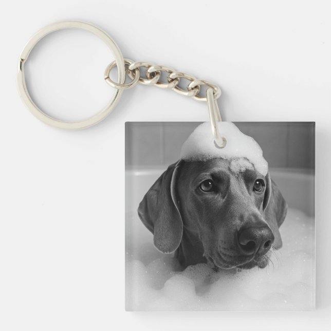 Weimaraner in the bath with bubbles on his head key ring (Front)