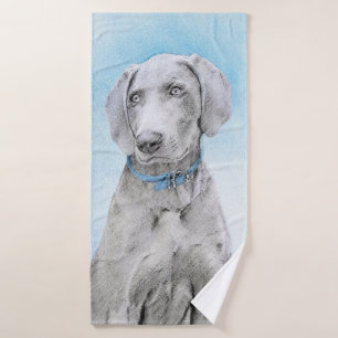Weimaraner Painting - Cute Original Dog Art Bath Towel Set