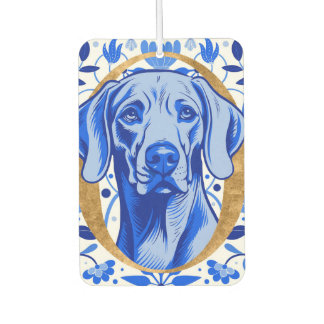 Weimaraner peering thru the letter "O" in Gold Car Air Freshener