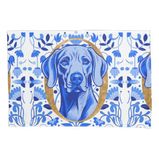 Weimaraner peering thru the letter "O" in Gold Pillowcase