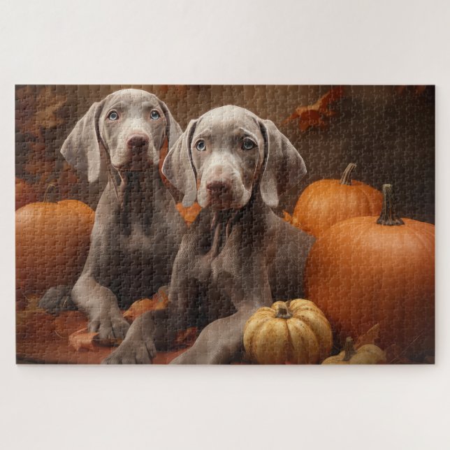 Weimaraner Puppy Autumn Delight Pumpkin Jigsaw Puzzle (Horizontal)