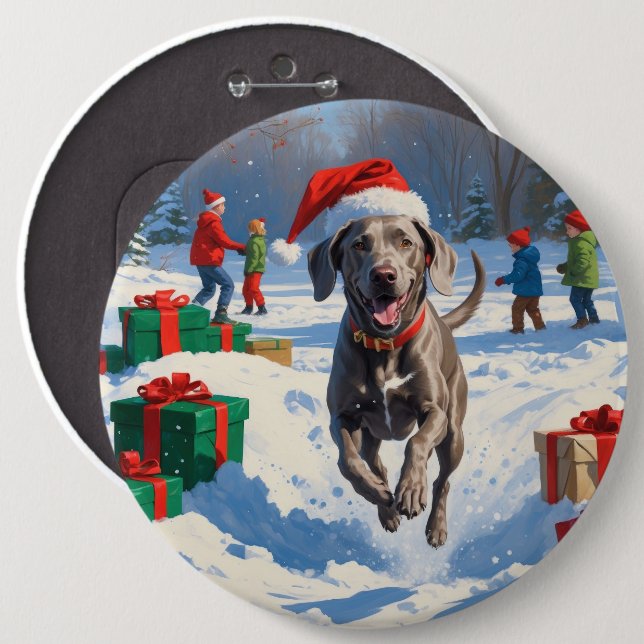 Weimaraner Running in Snow with Christmas Hat 6 Cm Round Badge (Front & Back)