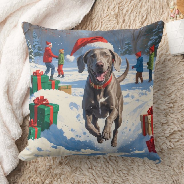 Weimaraner Running in Snow with Christmas Hat Cushion (Blanket)