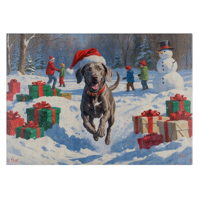 Weimaraner Running in Snow with Christmas Hat Cutting Board (Front)
