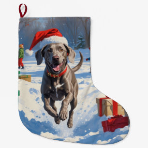 Weimaraner Running in Snow with Christmas Hat Large Christmas Stocking