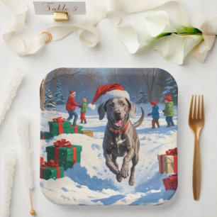 Weimaraner Running in Snow with Christmas Hat Paper Plate