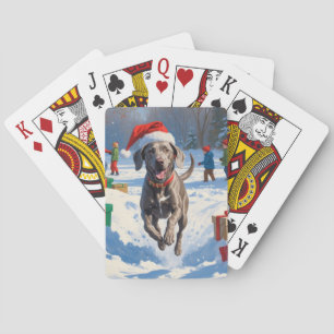 Weimaraner Running in Snow with Christmas Hat Playing Cards