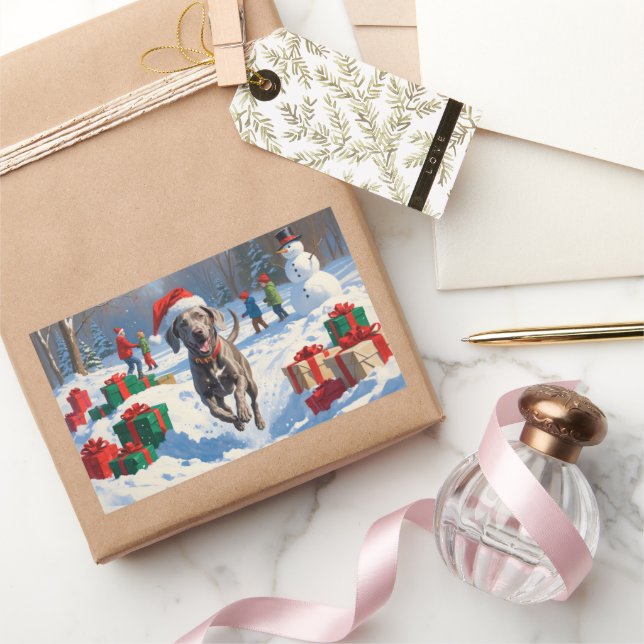 Weimaraner Running in Snow with Christmas Hat Rectangular Sticker (Gifting)