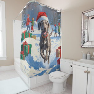 Weimaraner Running in Snow with Christmas Hat Shower Curtain