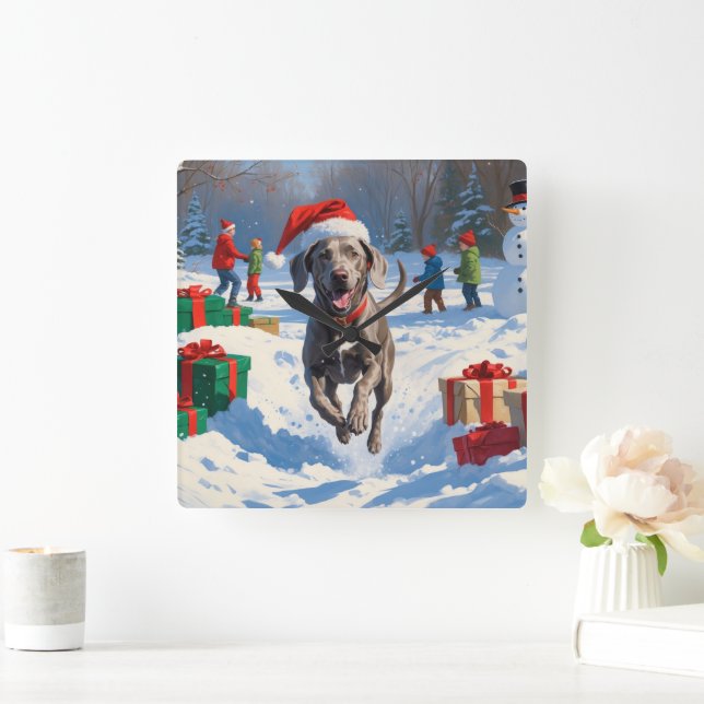 Weimaraner Running in Snow with Christmas Hat Square Wall Clock (Home)