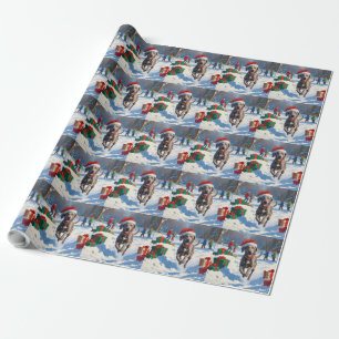 Weimaraner Running in Snow with Christmas Hat Wrapping Paper
