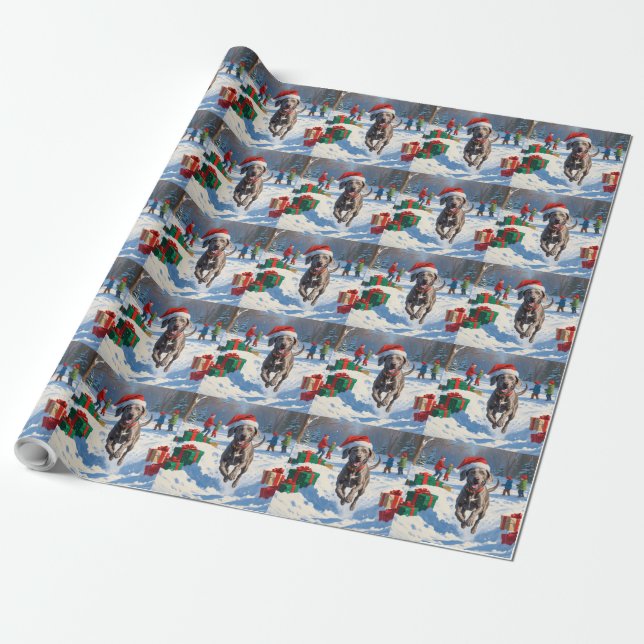 Weimaraner Running in Snow with Christmas Hat Wrapping Paper (Unrolled)