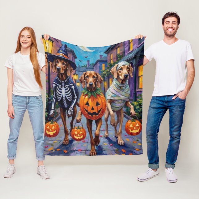 Weimaraner Trick-or-Treating in Halloween Costumes Fleece Blanket (In Situ)