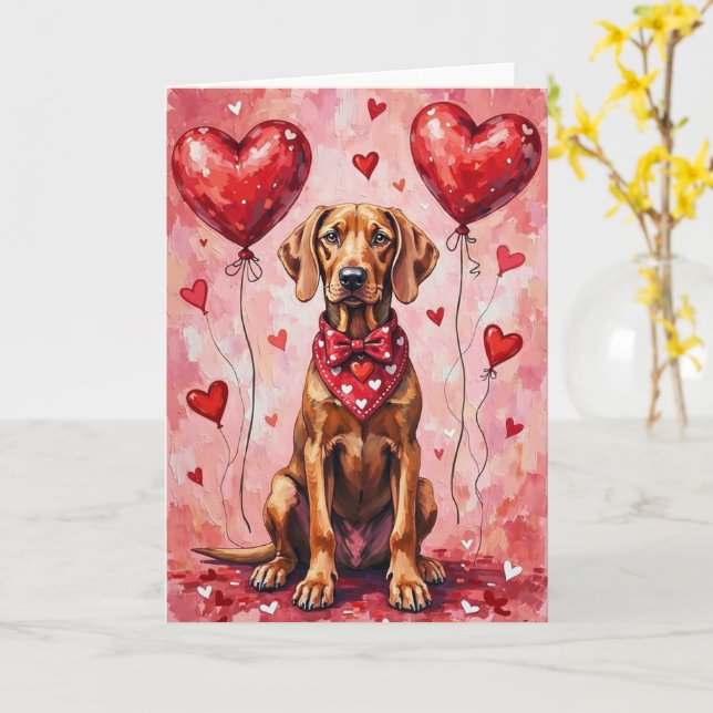 Weimaraner Valentine Dog Sitting with Hearts Red Card (Yellow Flower)