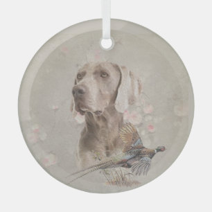 Weimaraner With Pheasant  Glass Tree Decoration