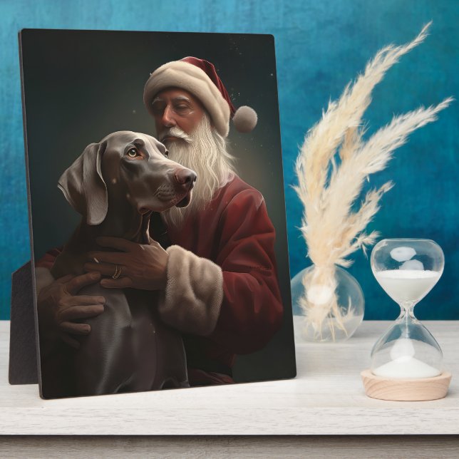 Weimaraner With Santa Claus Festive Christmas Plaque (Side)