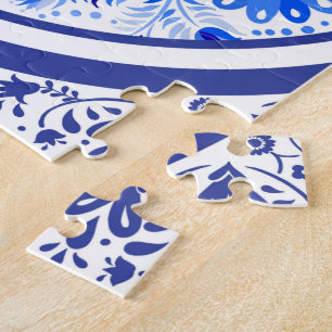 Weimaraners, Rabbits and Birds Otomi Blue & White Jigsaw Puzzle