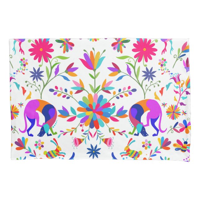 Weims, Rabbits, & Birds Otomi styled pattern  Pillowcase (Front)