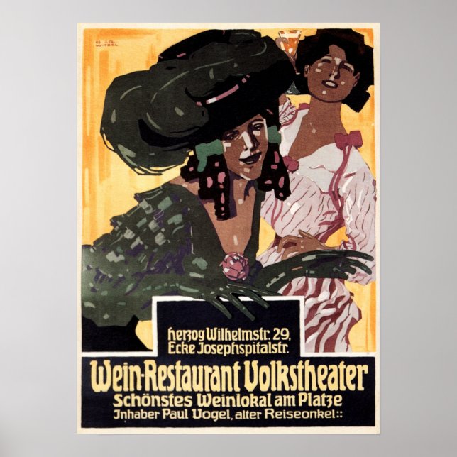 WEIN Restaurant Volkstheater 1908 Old German Ad Poster (Front)