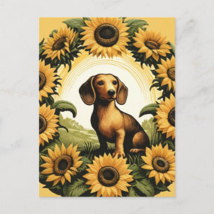 Weiner Dog Dachshund Art Sunflowers Postcard