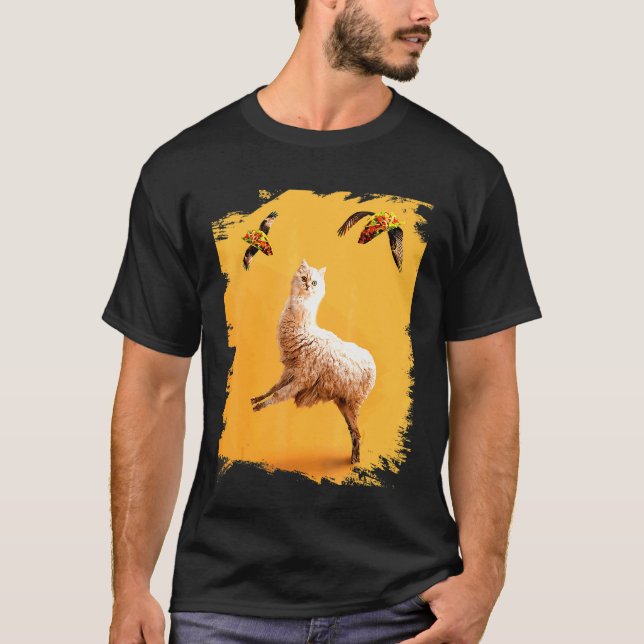 Weird  Cat Llama with Flying Taco T-Shirt (Front)