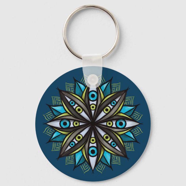 Weird Eyes Mandala Art - Trippy Flower Blue Green Key Ring (Front)